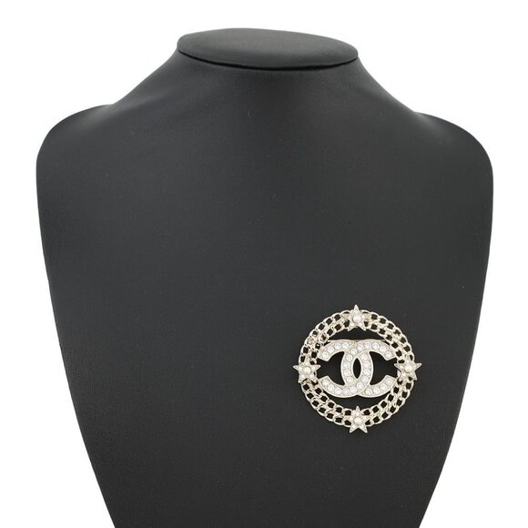 CHANEL CC Logo Round Star Brooch Gold Plated/Rhinestone/Faux Pearl Champagne - Picture 8 of 8